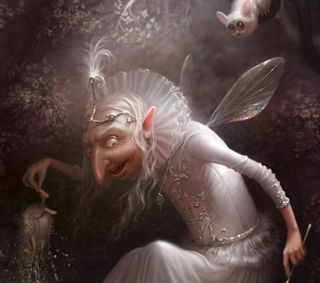 Old fairy - cornacchiaart, hedgehog, old woman, cornacchia-art, fantasy, funny, wings, fairy, luminos