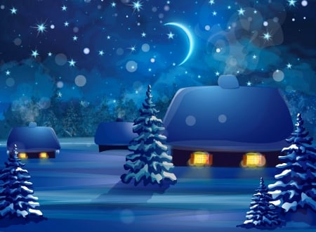 Winter village - pretty, moon, winter, snowflakes, beautiful, evening, snow, stars, village, christmas, holiday, snowfall, art, cottage