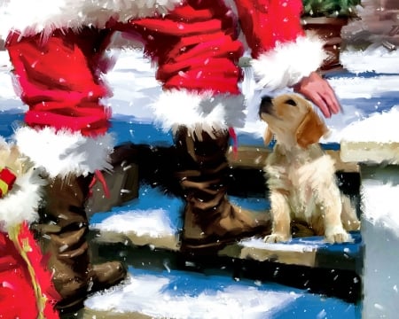 Christmas Greeting F - December, scenery, canine, snow, wide screen, holiday, dogs, Christmas, art, pets, winter, occasion, artwork, beautiful, Santa, illustration, painting