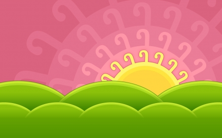 Sunrise - vector, sun, summer, fantasy, creative, yellow, cloud, luminos, pink, green, sunrise