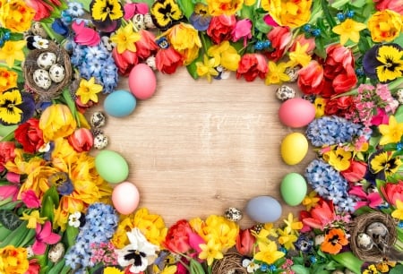 Happy Easter! - red, flower, spring, egg, yellow, easter, card, tulip, colorful