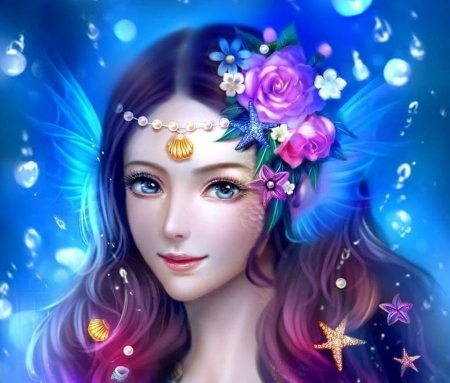 Mermaid - girl, frumusete, summer, fantasy, face, starfish, mermaid, pink, siren, luminos, blue, shell, flower