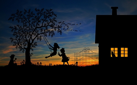 Sunset swing - silhouette, sky, cat, summer, black, pisica, fantasy, children, yellow, luminos, blue, swing, house, tree