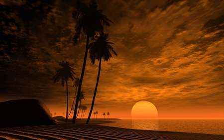 Sunset - summer, sea, silhouette, orange, black, fantasy, sunset, cloud, sun, luminos, sky, palm tree