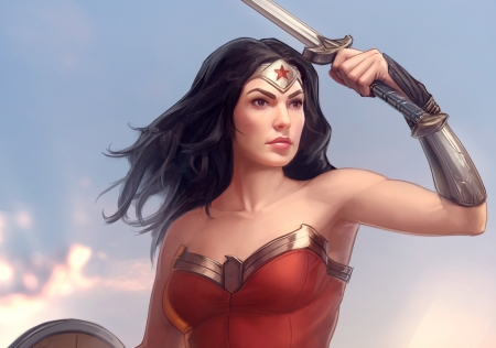 Wonder Woman - comics, fantasy, red, girl, sword, art, wonder woman