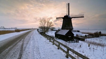 Winter Windmill - nature, fence, trees, snow, winter, windmill, house, road