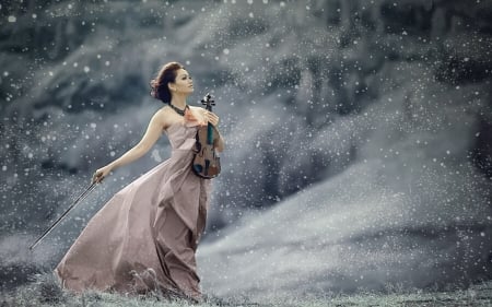 Winter Sonet - Woman, gown, violin, snow, Winter, lovely, feminine, music, sonet