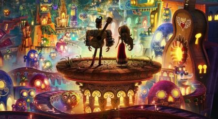 The Book of Life 2014 - yellow, poster, blue, pink, skull, guitar, fantasy, movie, couple