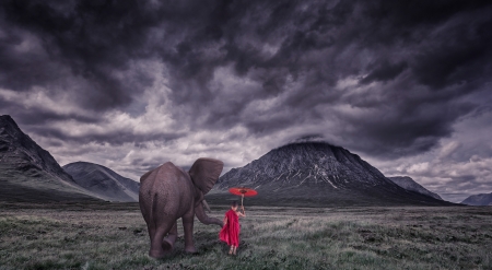 Good friends - friend, pink, child, boy, fantasy, umbrella, elephant, monk, couple