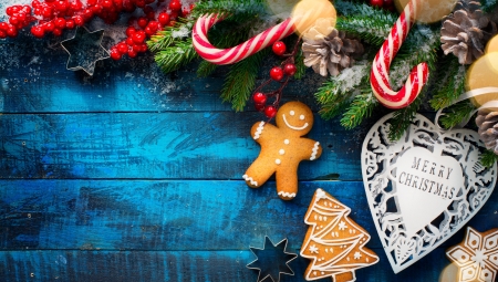 Merry Christmas! - gingerbread, blue, deco, food, sweet, chrismtas, cookie, craciun, card, candy