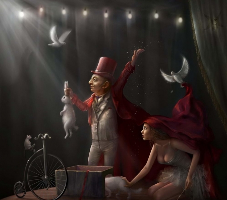 Maldito insolente - hat, cornacchiaart, bird, dove, girl, bunny, man, scamator, cat, cornacchia-art, fantasy, pisica, red, luminos