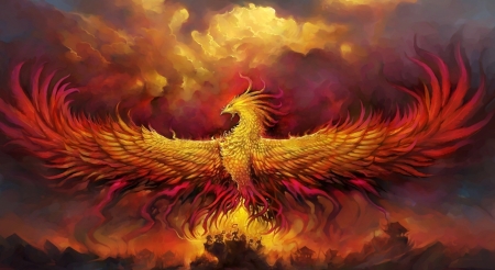 Phoenix - wings, red, fire, phoenix, fantasy, pasare, bird, oragne