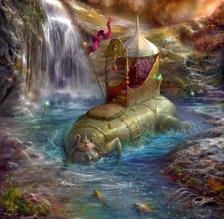 Crossing the river - tent, cornacchia-art, water, cornacchiaart, summer, fantasy, caterpillar, blue, luminos, pink