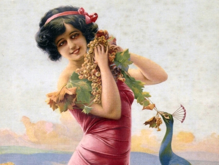 Girl with grapes and peacock - girl, bird, fruit, pasare, peacock, painting, art, red, paun, gaspar camps, pictura, grapes