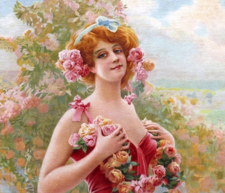 Beauty - lgirl, flower, pink, gaspar camps, pictura, red, painting, woman, rose, art