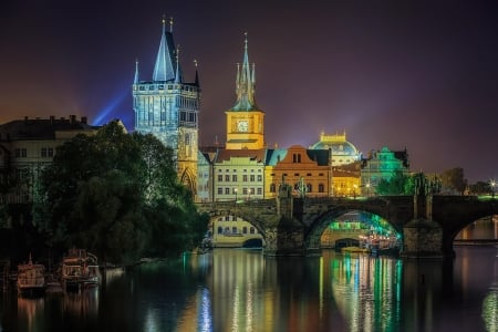 Bridge Over The River - nature, reflection, prague, river, night, bridge