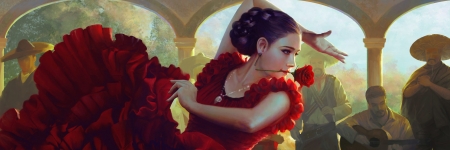 Flamenco dancer - dancer, trandafir, girl, mario wibisono, frumusete, fantasy, red, rose, flamenco, luminos