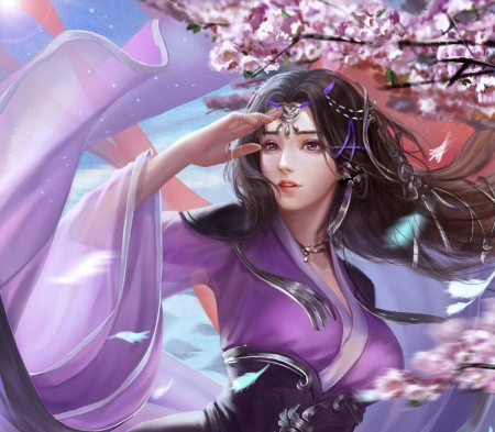 Princess - princess, frumusete, fantasy, wind, sakura, luminos, asina, pink, petals, flower