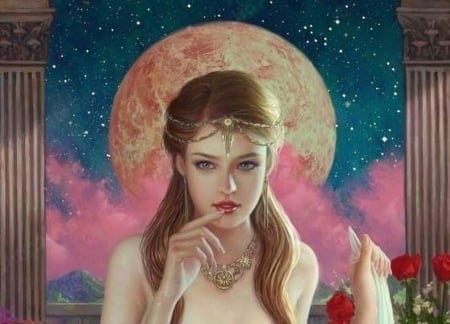 Moon goddess - mario wibisono, fantasy, moon goddess, pink, girl, frumusete, luna, blue