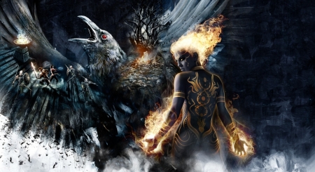 Fantasy girl - fire, fantasy, pasare, bird, black, raven, girl