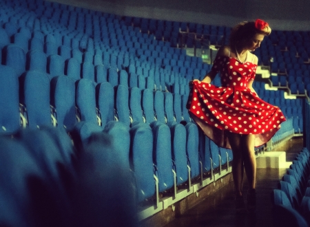 :) - blue, chairs, dress, girl, red, woman, model, cinema, dot