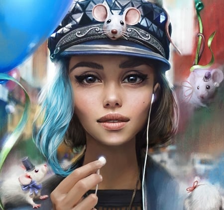 Street girl - face, street, omri horesh, girl, blue, fantasy, hat, mouse, omrikoresh, luminos