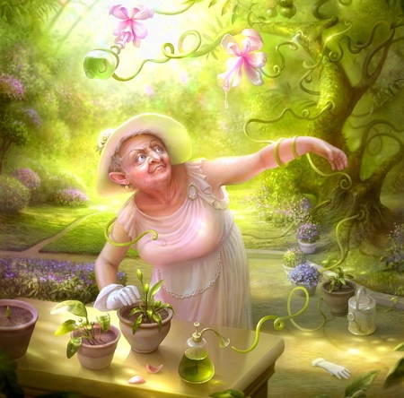 Giant orchids - cornacchiaart, opld woman, orchid, flower, pink, cornacchia-art, fantasy, green, luminos