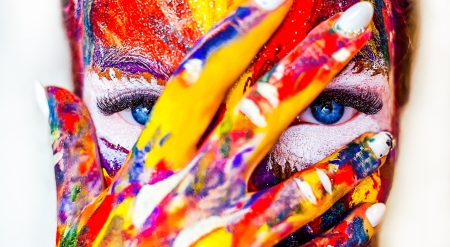 :) - yellow, blue, girl, eyes, pink, colorful, hand, red, woman, face