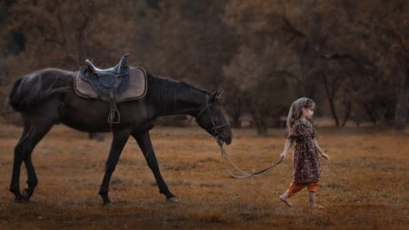 Lets go home - girl, trees, country, Horse