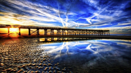 Ocean Pier at Sunset - sky, ocean, sunset, nature, glow, pier, reflection, river, bridge