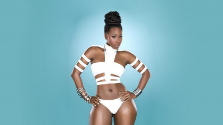 Bria Myles - models, bria myles, blue background, hand on hips, brunette, ebony