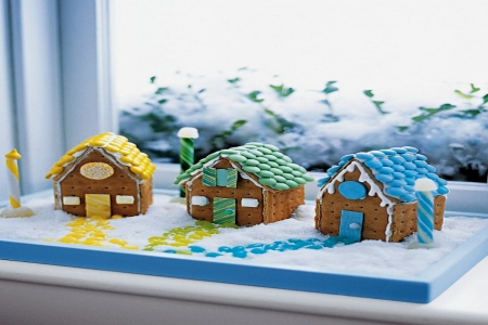 Mini Pastel Gingerbread Houses - brown, pastel, houses, yellow, mini, blue, gingerbread, green