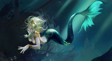 Mermaid - tail, frumusete, summer, fantasy, underwater, blue, luminos, mermaid, siren, fish, jean cheng