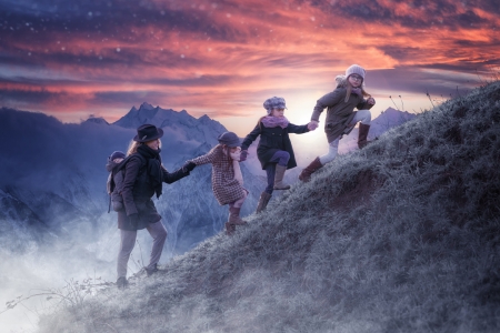 The hike - hike, blue, john wilhelm, children, copil, orange, sunset, woman, mother, day