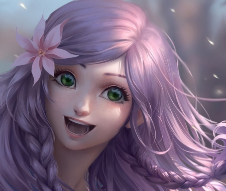 Girl - chubymi, girl, flower, pink, happy, fantasy, smile, purple, face, luminos