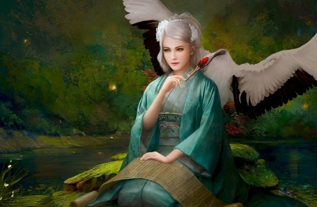 Girl with crane - crane, mario wibisono, fantasy, asian, pasare, bird, white, blue, luminos, green, kimono