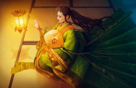 Princess - princess, fan, girl, mario wibisono, fantasy, asian, hand fan, yellow, lantern, luminos, green