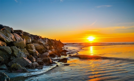 Coastal Sunset - nature, dawn, shore, stones, sunset, sea, coast