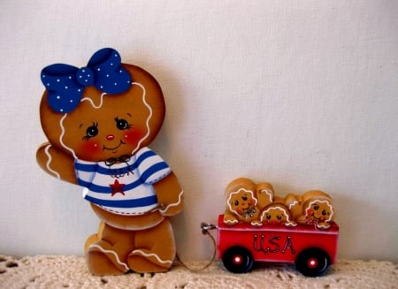 Gingerbread Girl And Wagon - Red, Bow, Cookies, Wagon, Gingerbread, White, Blue