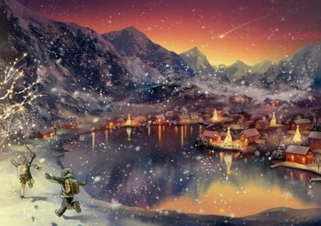 Winter landscape - lake, children, mountains, night