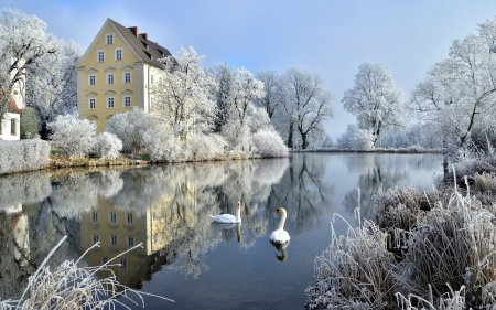 Hallbergmoos Castle,Bavaria,Germany - trees, birds, winter, pond, reflection, nature, frost, lake, castle