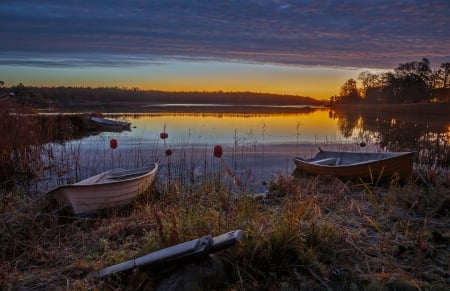 Evening Lake - nature, sky, lake, autumn, boats