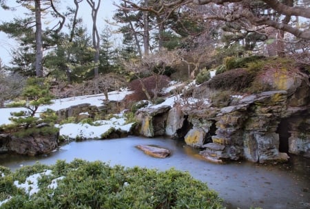 Brooklyn Botanic Park - trees, nature, garden, snow, stream, park