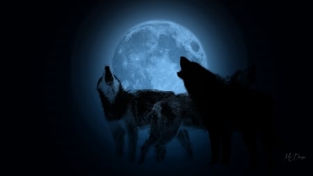 Howling Wolves Blue Moon - moon, native american, lobo, eerie, mystical, wolves, wolf, howling, firefox persona theme