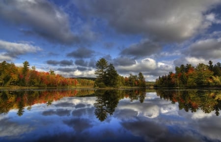 River Forest - clouds, river, trees, nature, autumn, forest, reflection, sky