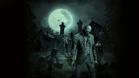 zombies - moon, stone, graveyard, tomb, zombies, man