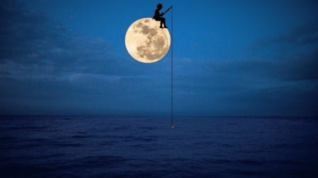 fisherman in the moonlight - moon, ocean, fisherman, night, sea