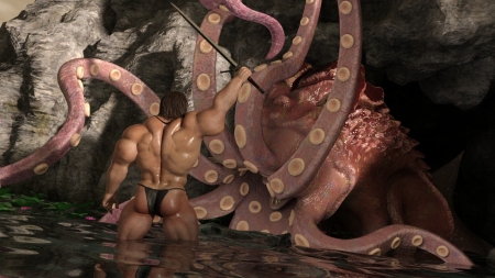 Fight the kraken - danger, kraken, octopus, fight, sword, muscle, death, hero