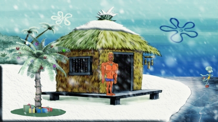 Spongebob Squarepants Beach Hut Desktop Background - hut, jkl, blizzard, beach, frozen water, squarepants, spongebob, winter, christmas, squidward tentacles, christmas tree, squidward, spongebob squarepants, snow, frozen