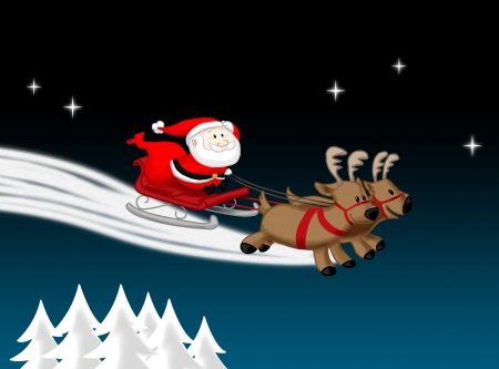 Santa on the way - santa, trees, cartoon, reindeers, sledge